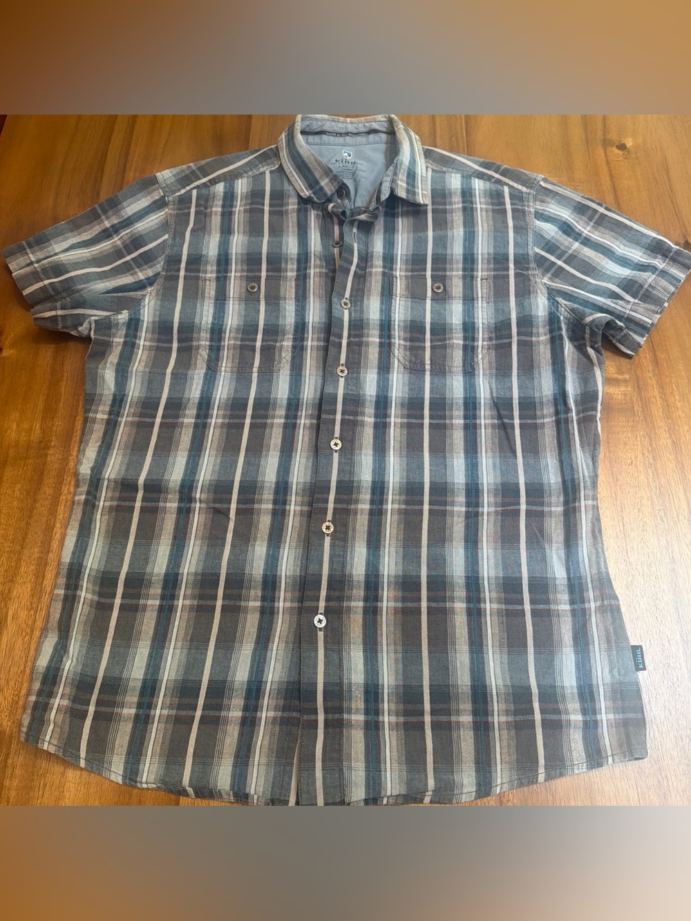 Kuhl Linen Blend Men’s Short Sleeve Shirt Blue Plaid Button Up Metal Buttons L